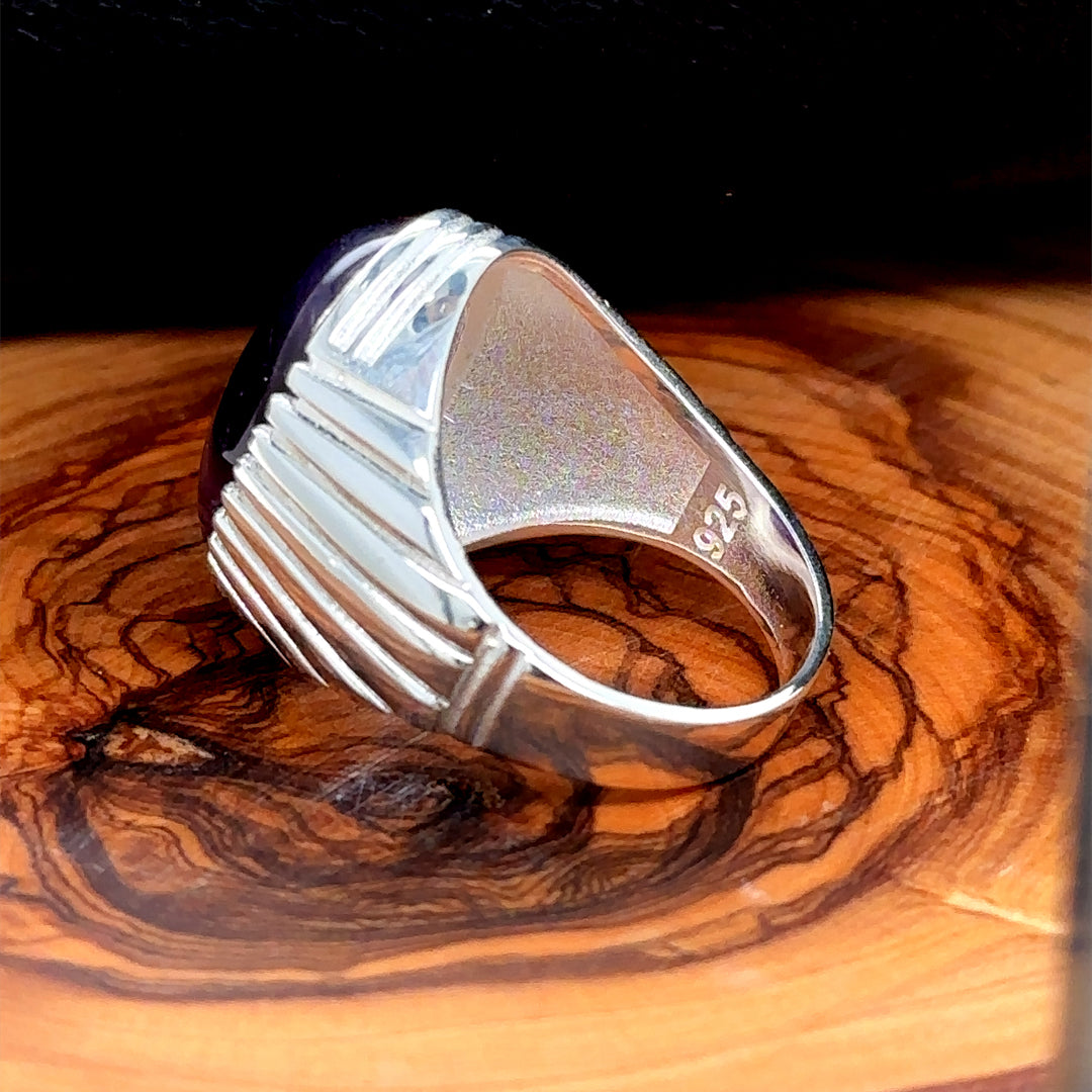 Men Silver Oval Amethyst Gemstone Ring