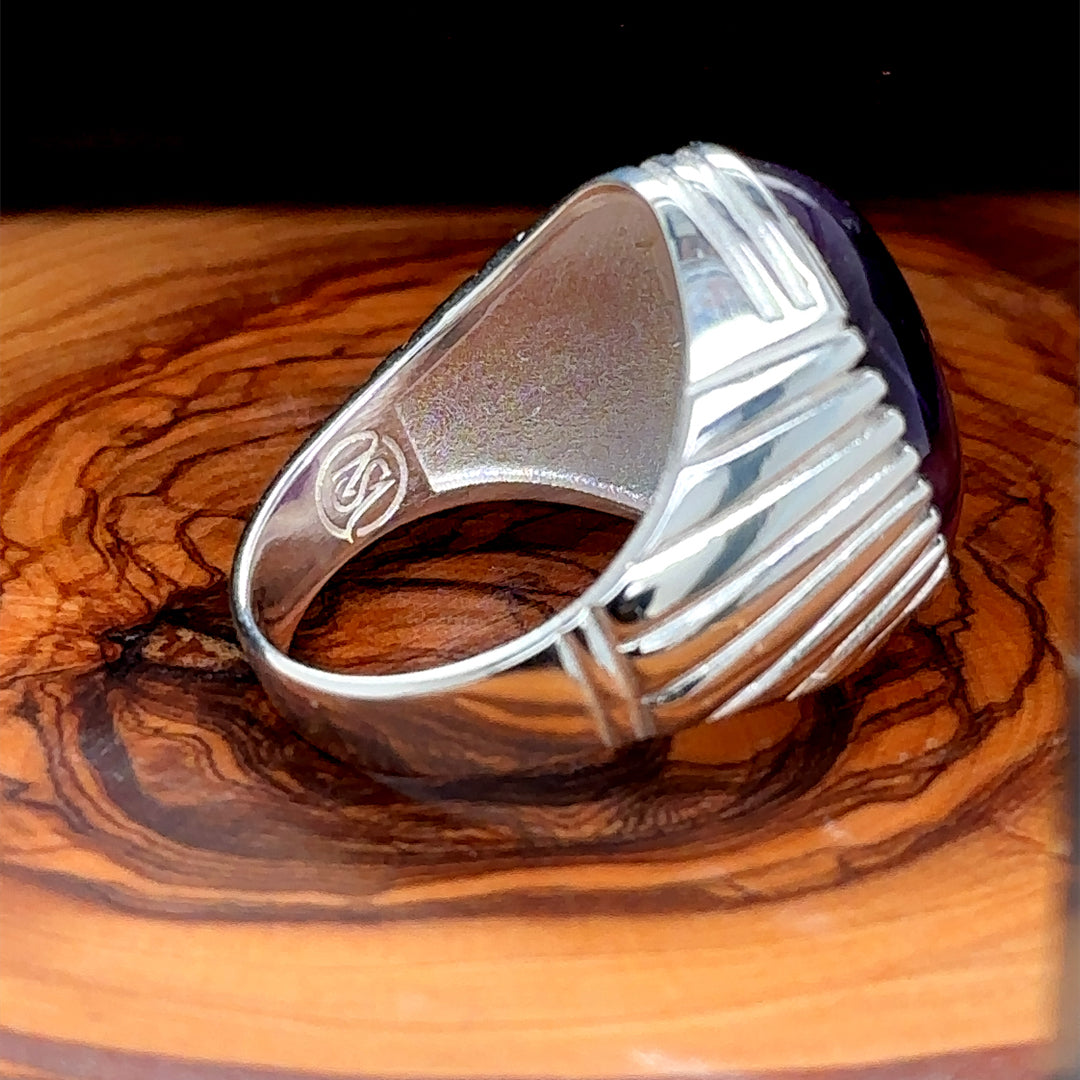 Men Silver Oval Amethyst Gemstone Ring