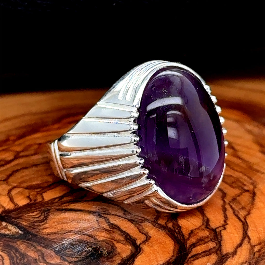 Men Silver Oval Amethyst Gemstone Ring