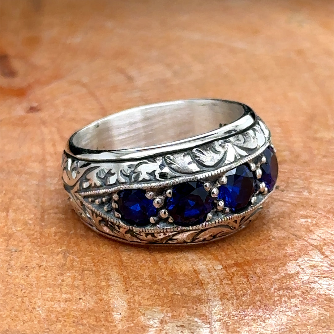 Men Handmade Engraved Sapphire Wedding Band Ring