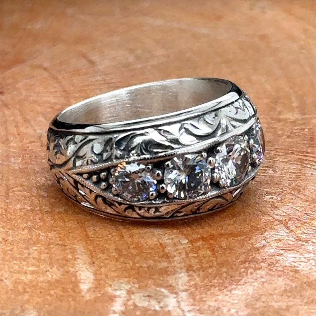 Silver Handmade Moissanite Stone Engraved Men Ring