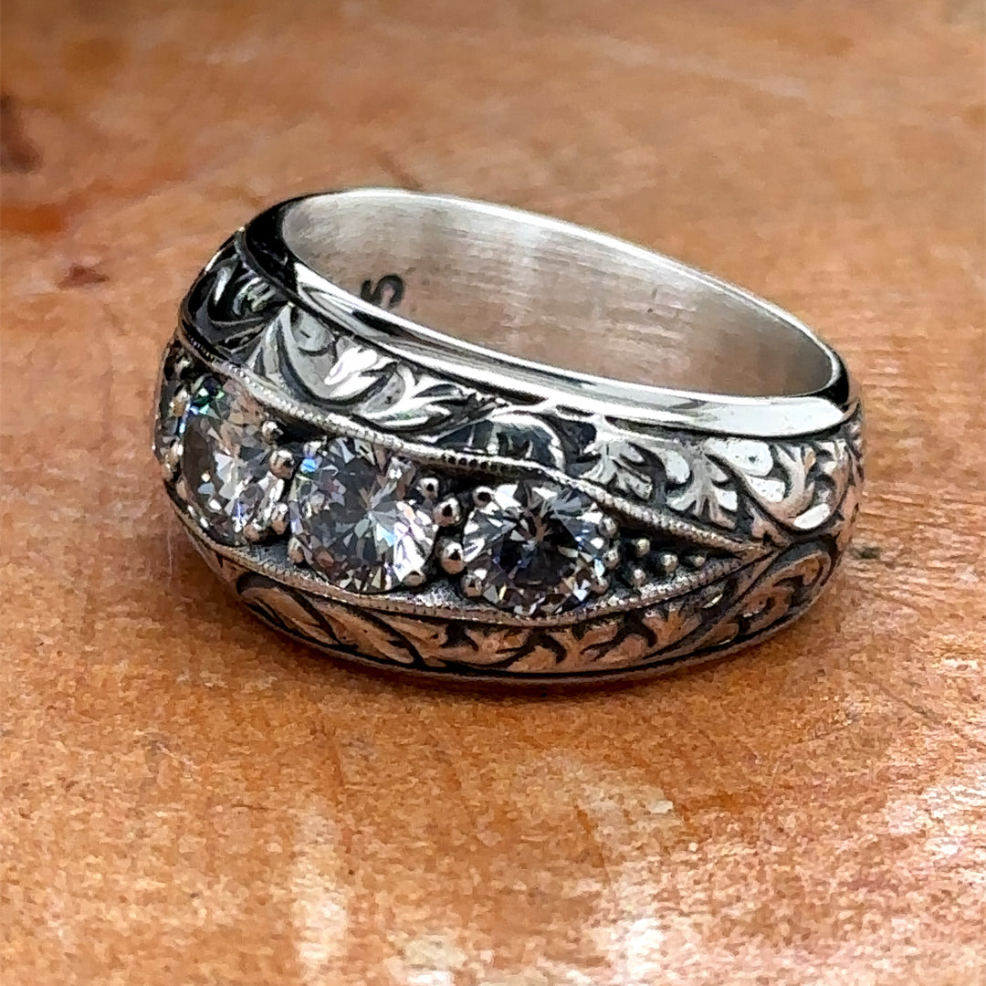 Silver Handmade Moissanite Stone Engraved Men Ring