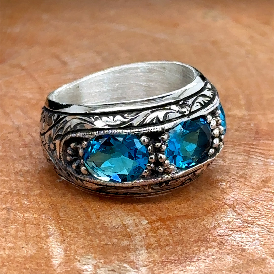 Men Handmade Aquamarine Gemstone Band Ring