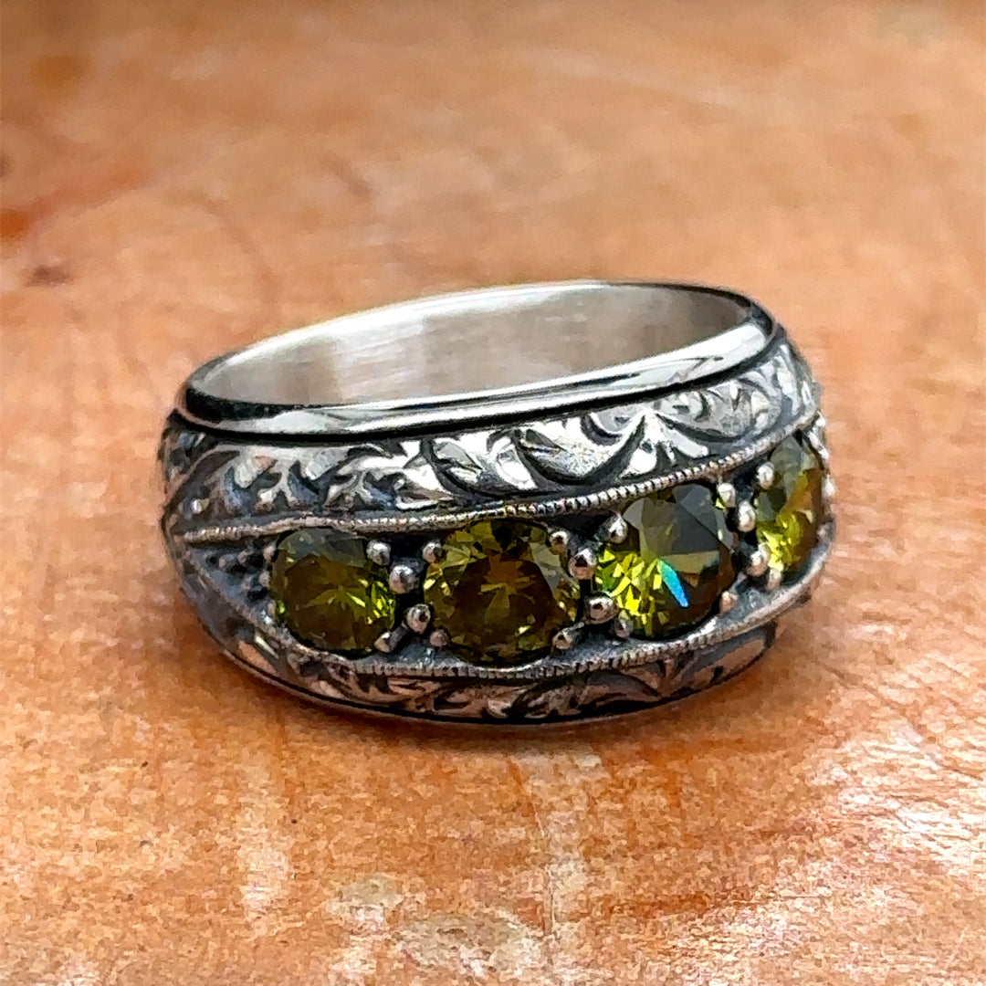 Silver Men Handmade Green Olive Gemstone Wedding Band Ring