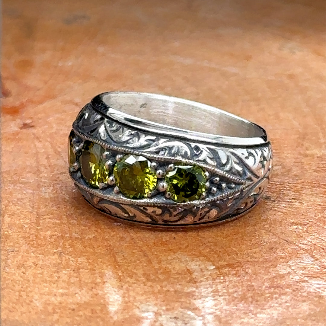 Silver Men Handmade Green Olive Gemstone Wedding Band Ring