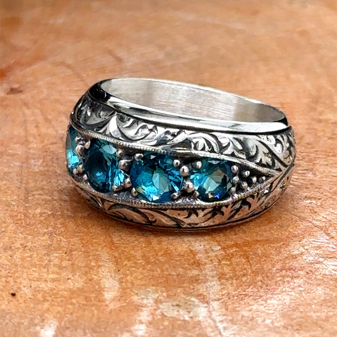 Men Silver Handmade Aquamarine Band Engraved Ring