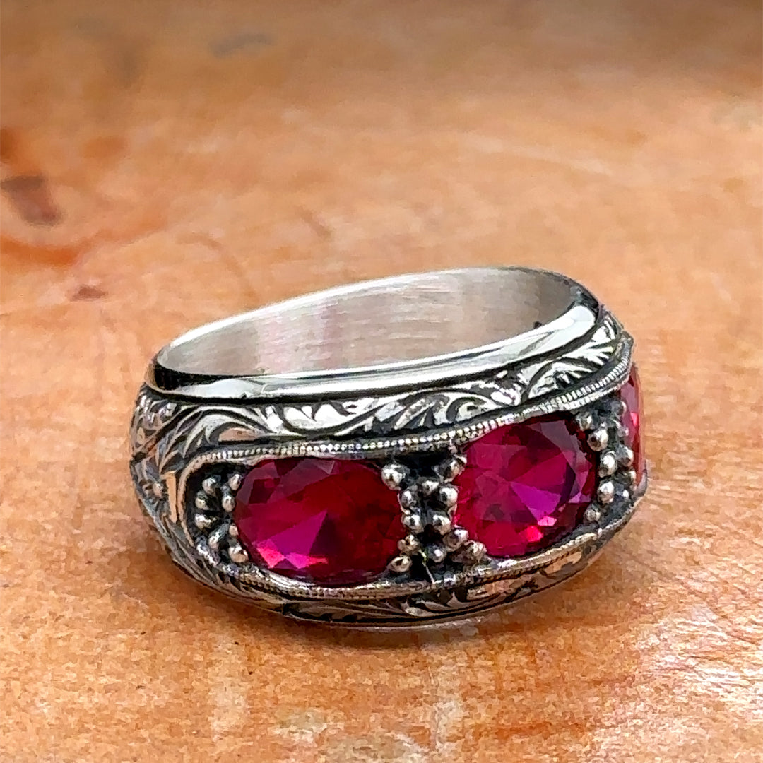 Men Handmade Engraved Ruby Gemstone Band Ring