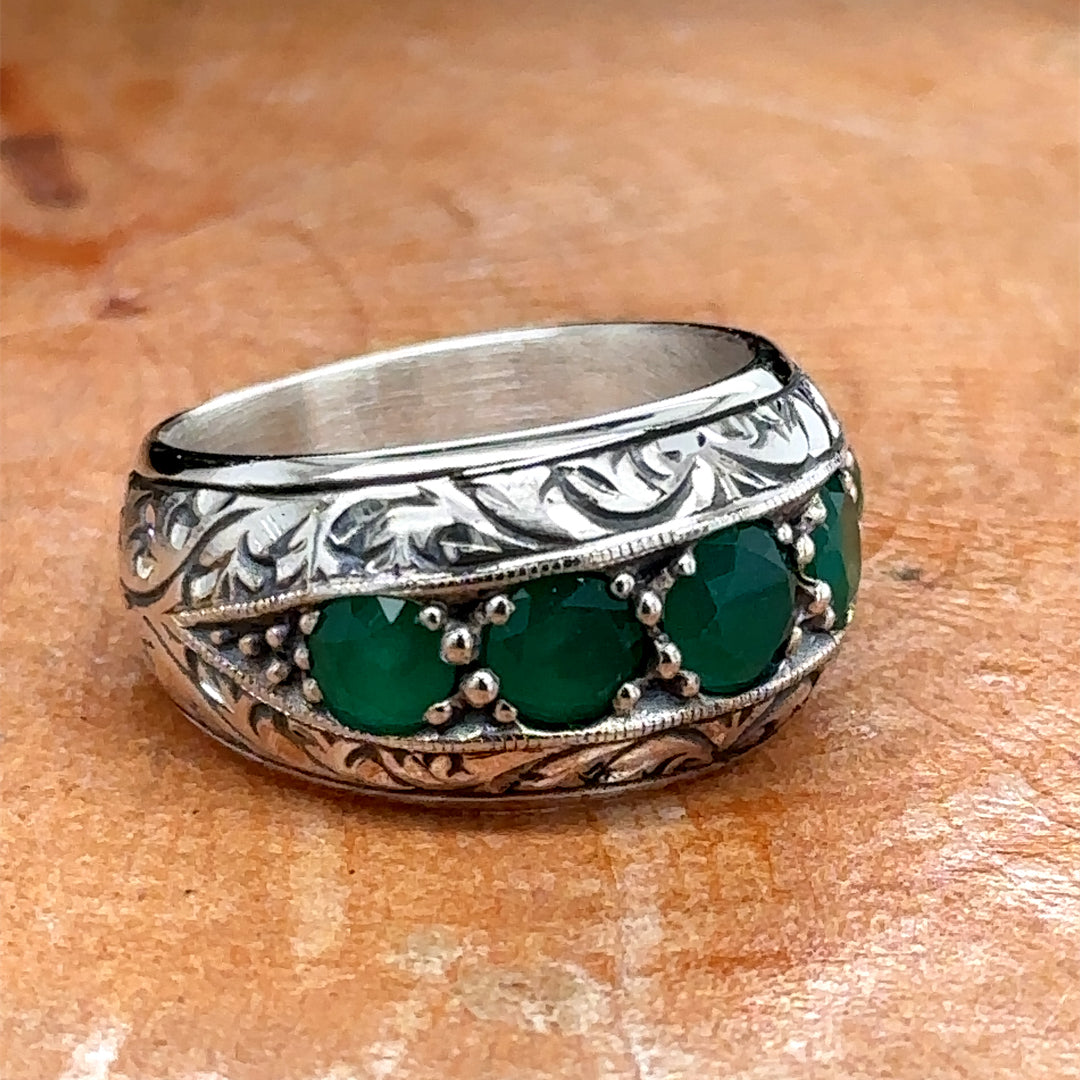 Men Handmade Green Emerald Gemstone Band Ring