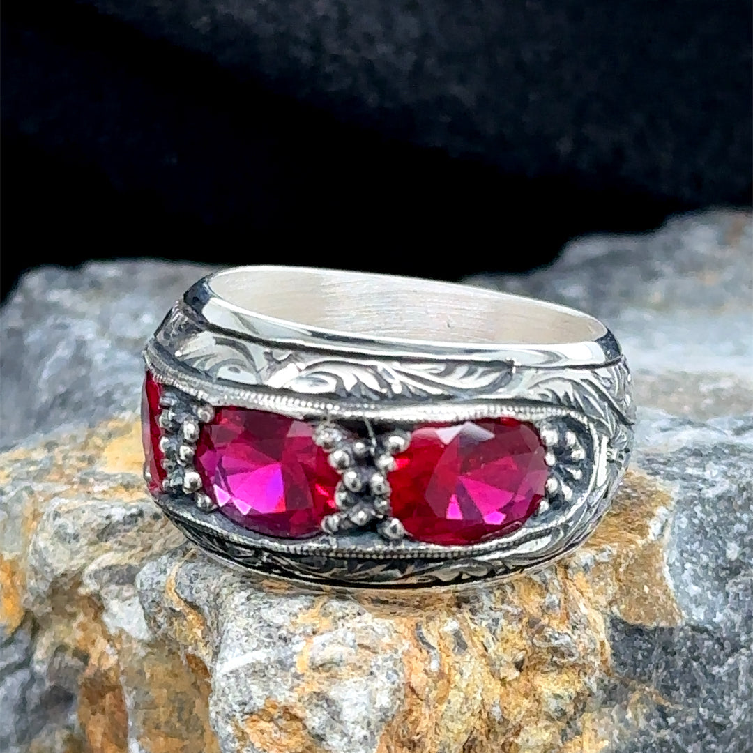 Men Handmade Engraved Ruby Gemstone Band Ring