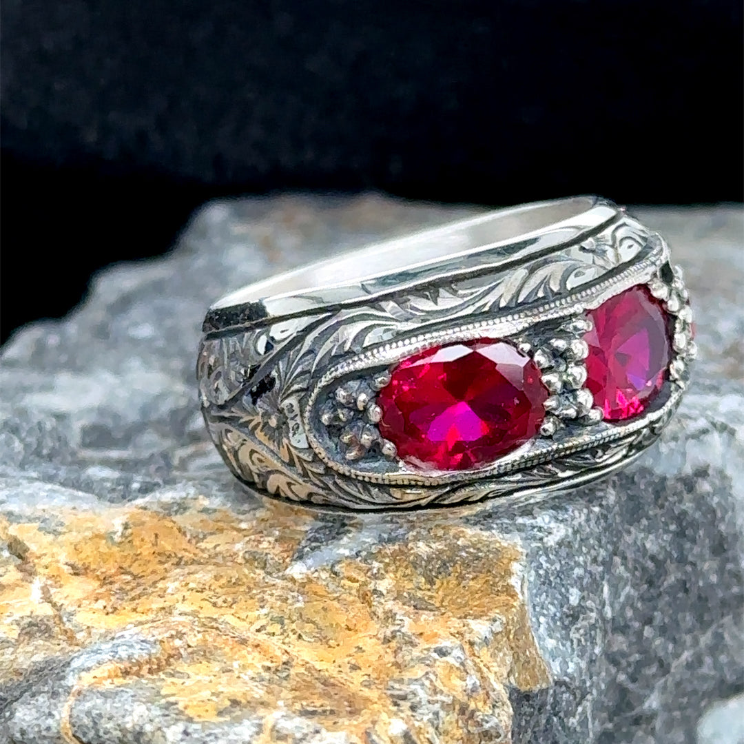 Men Handmade Engraved Ruby Gemstone Band Ring