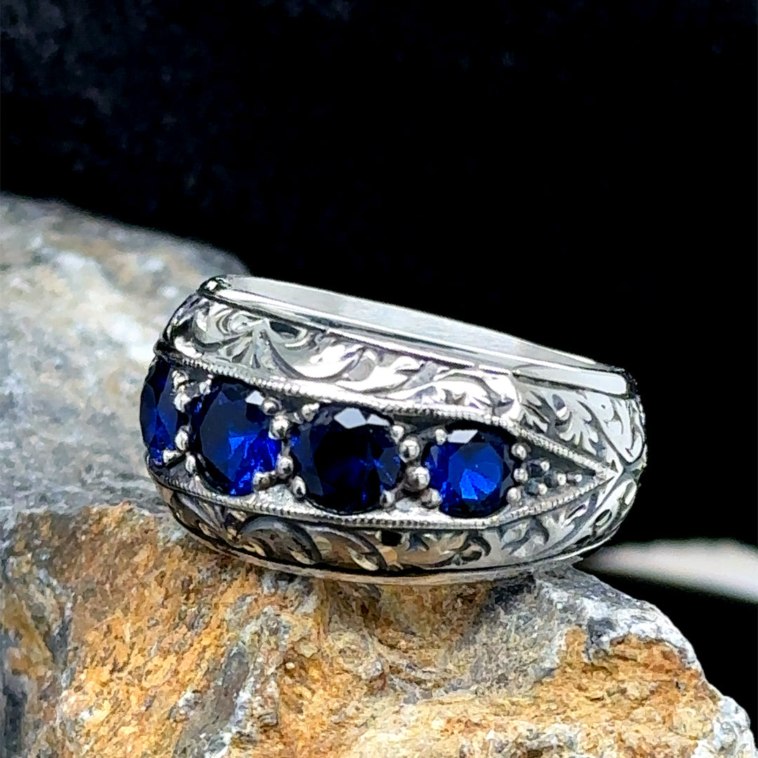 Men Handmade Engraved Sapphire Wedding Band Ring