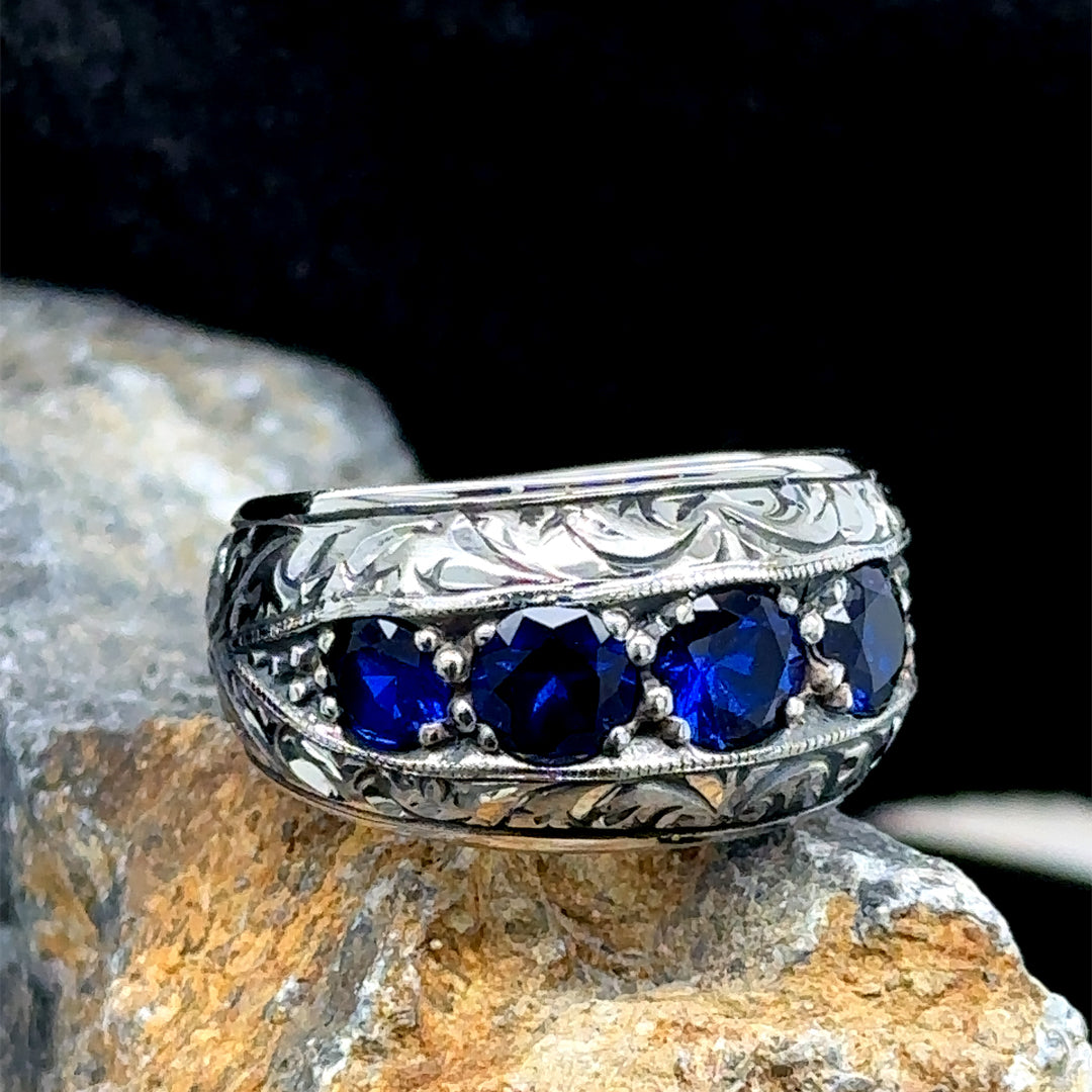 Men Handmade Engraved Sapphire Wedding Band Ring