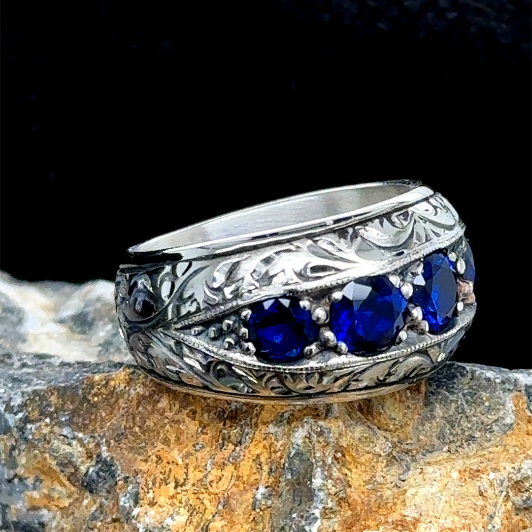 Men Handmade Engraved Sapphire Wedding Band Ring