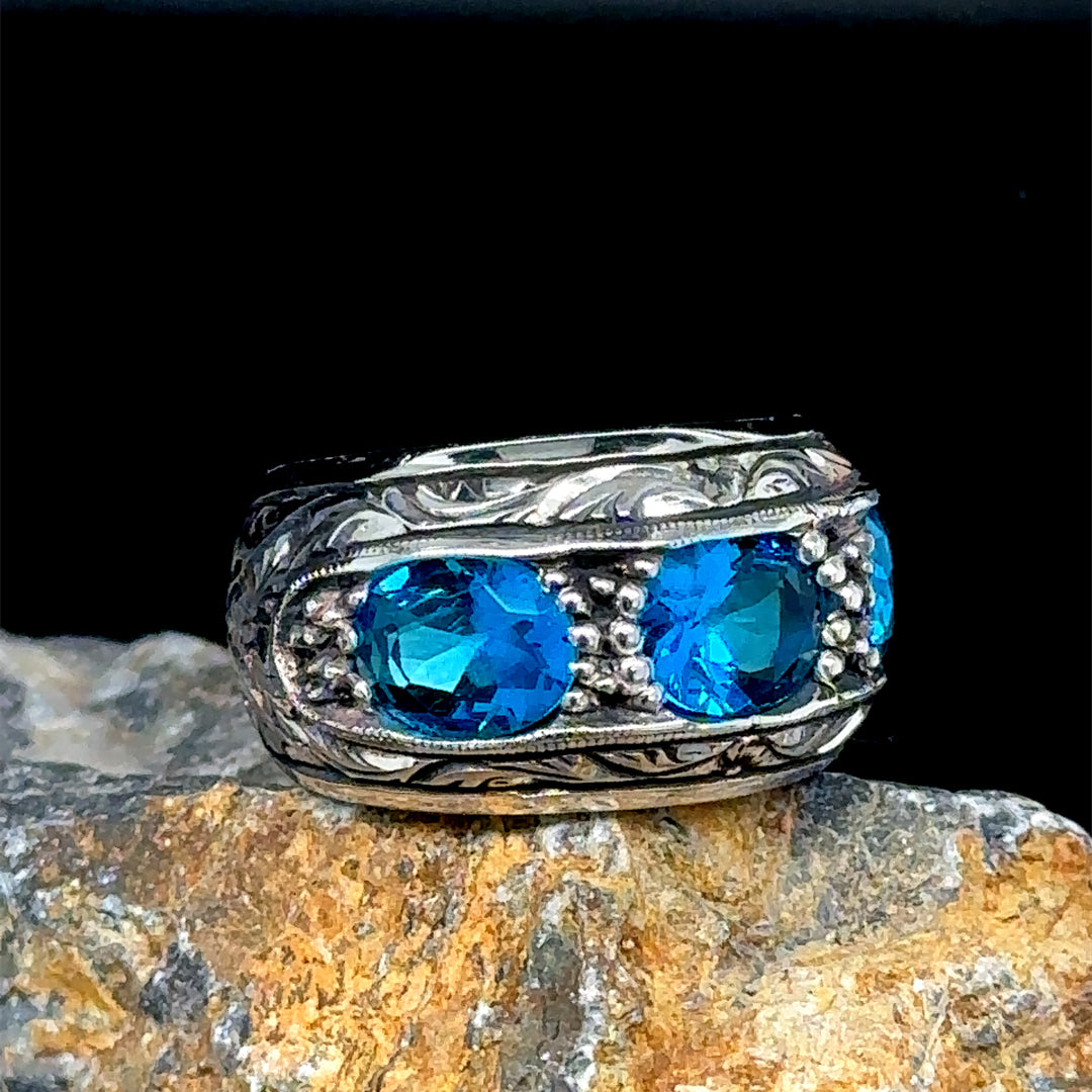 Men Handmade Aquamarine Gemstone Band Ring