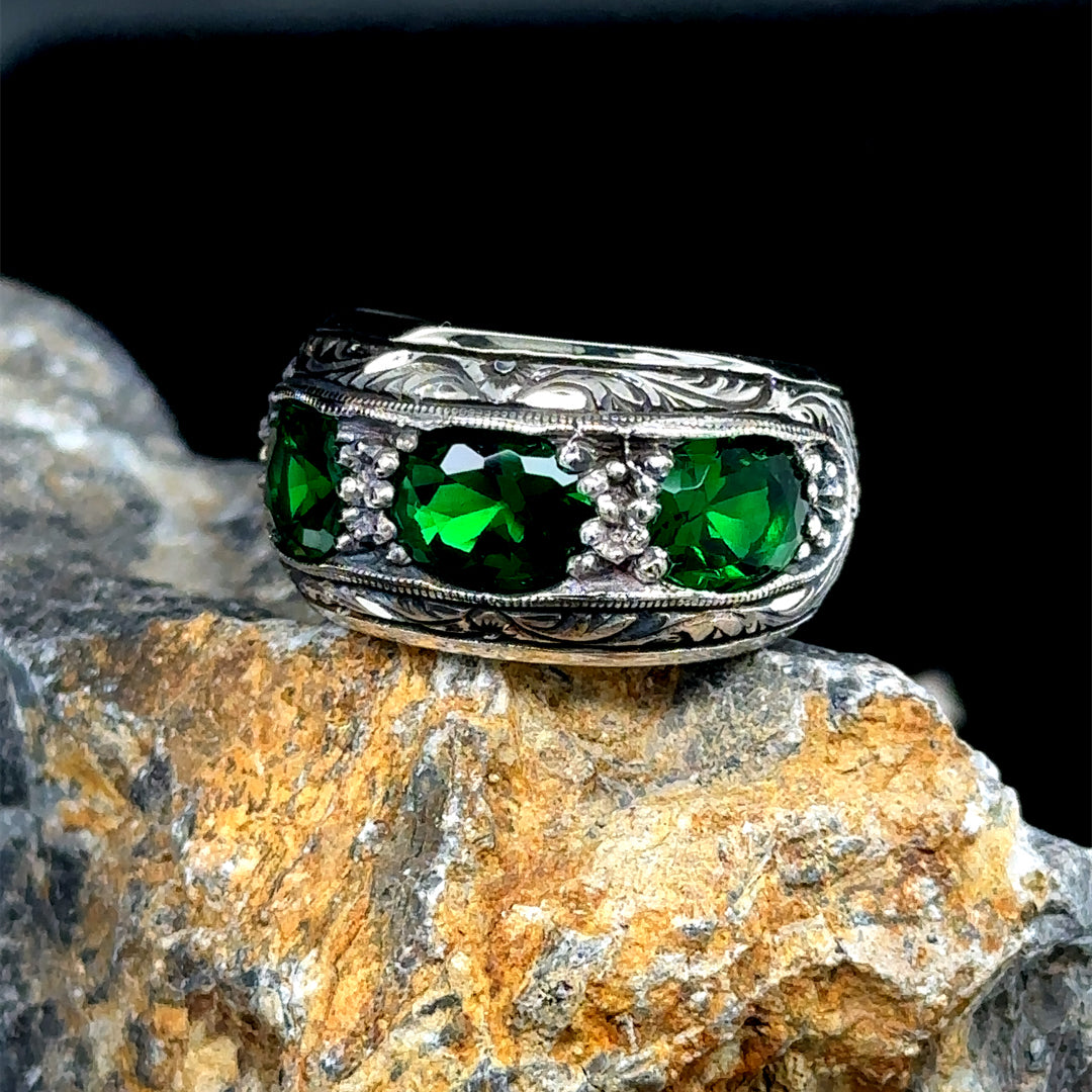 Men Handmade Engraved Green Emerald Stone Wedding Band Ring