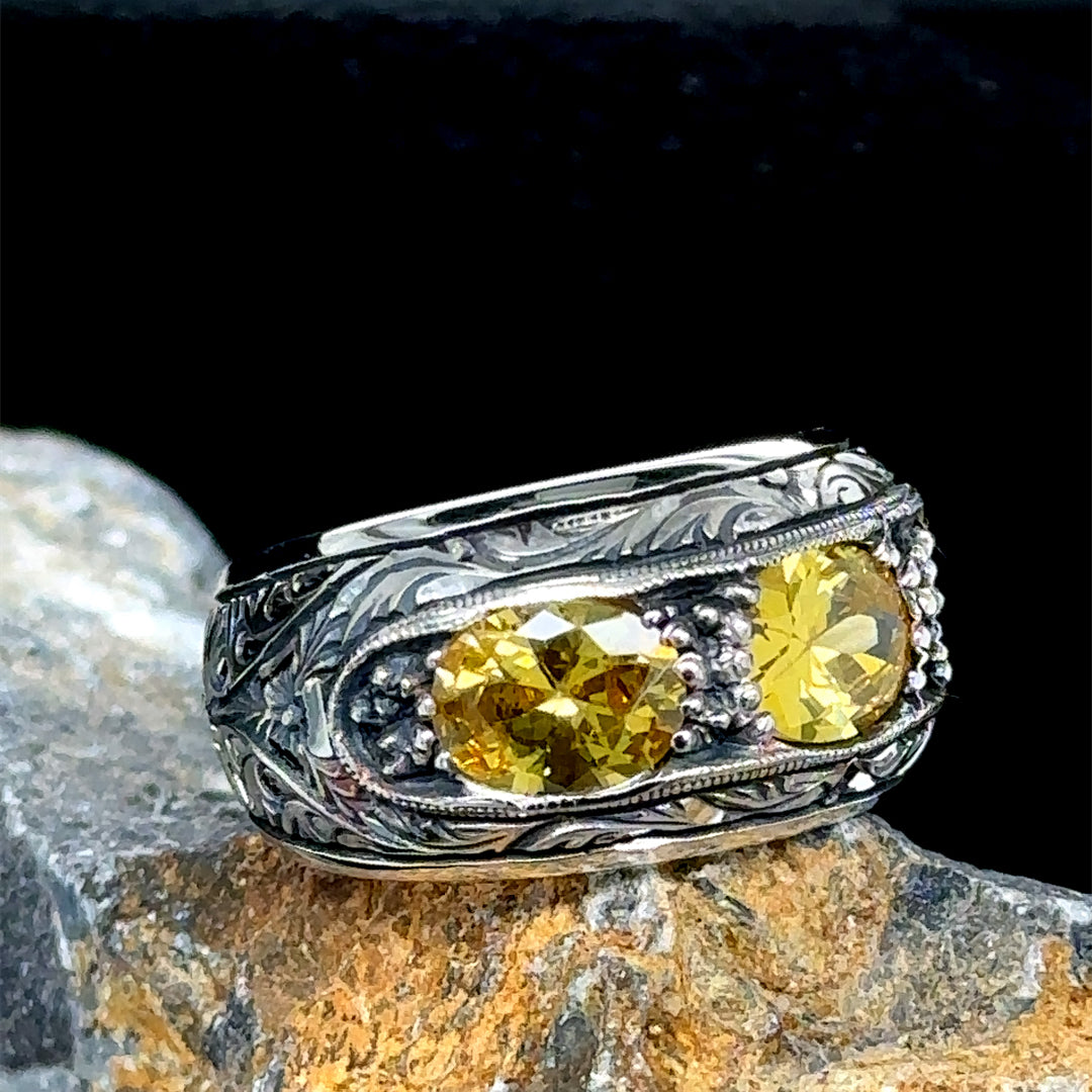 Men Handmade Engraved Yellow Citrine Band Ring