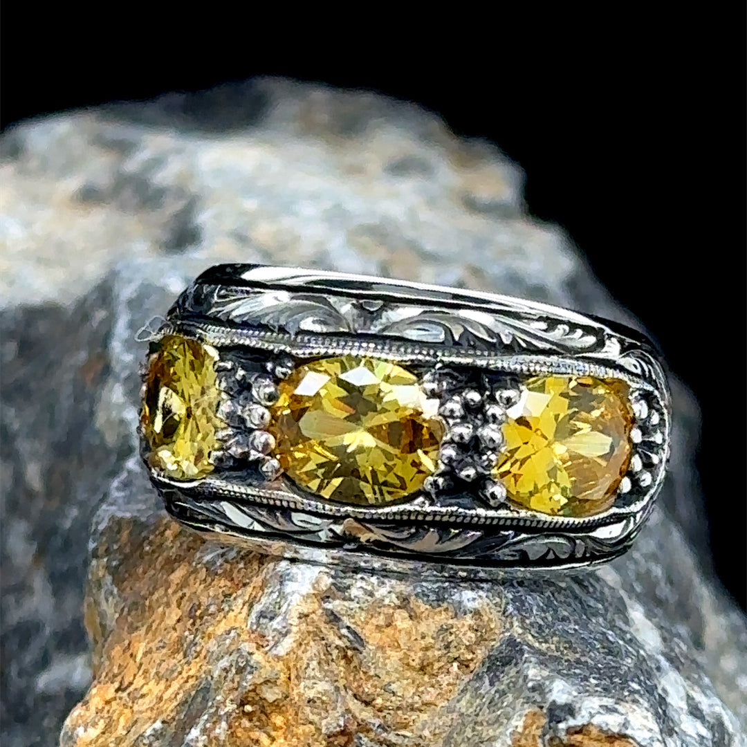 Men Handmade Engraved Yellow Citrine Band Ring