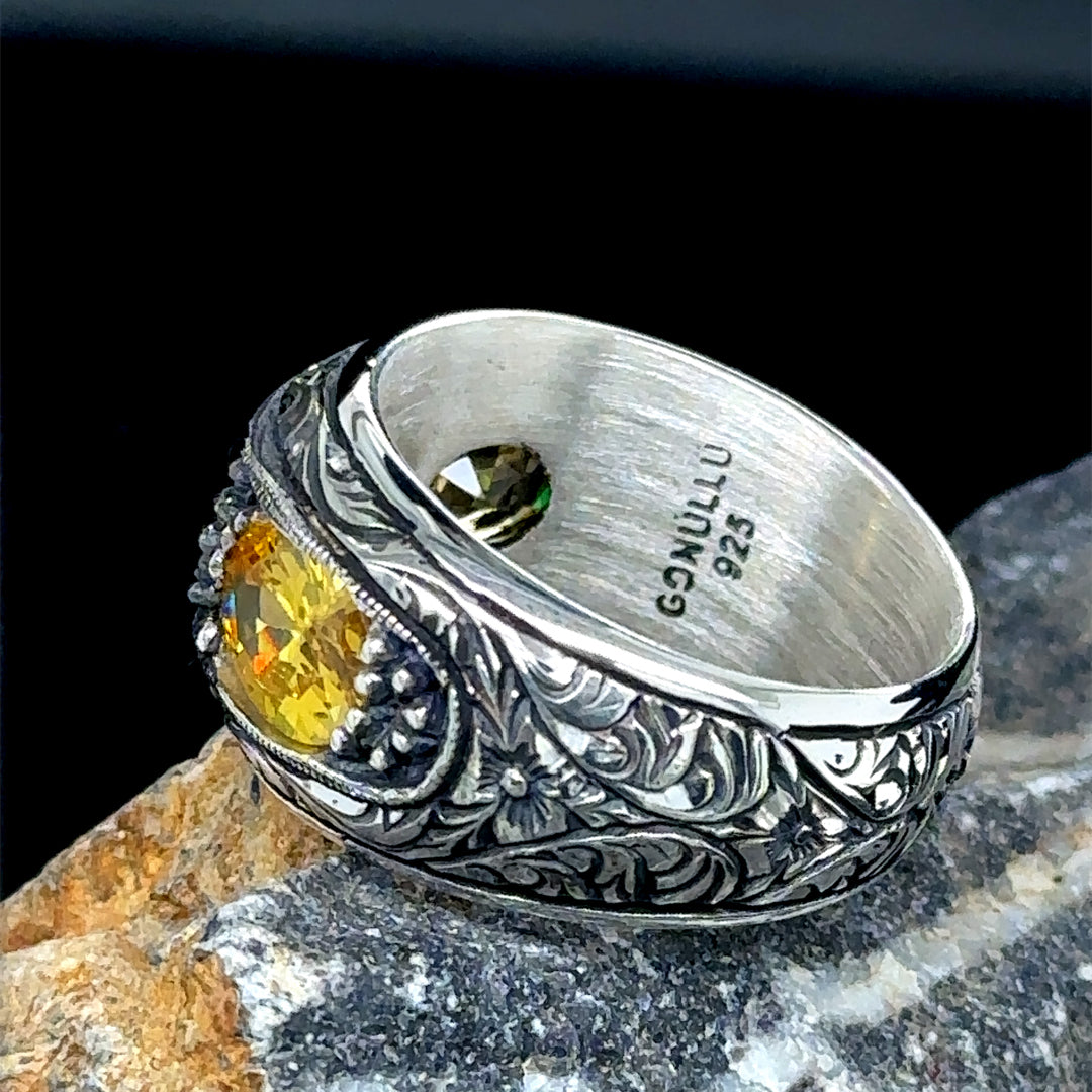 Men Handmade Engraved Yellow Citrine Band Ring