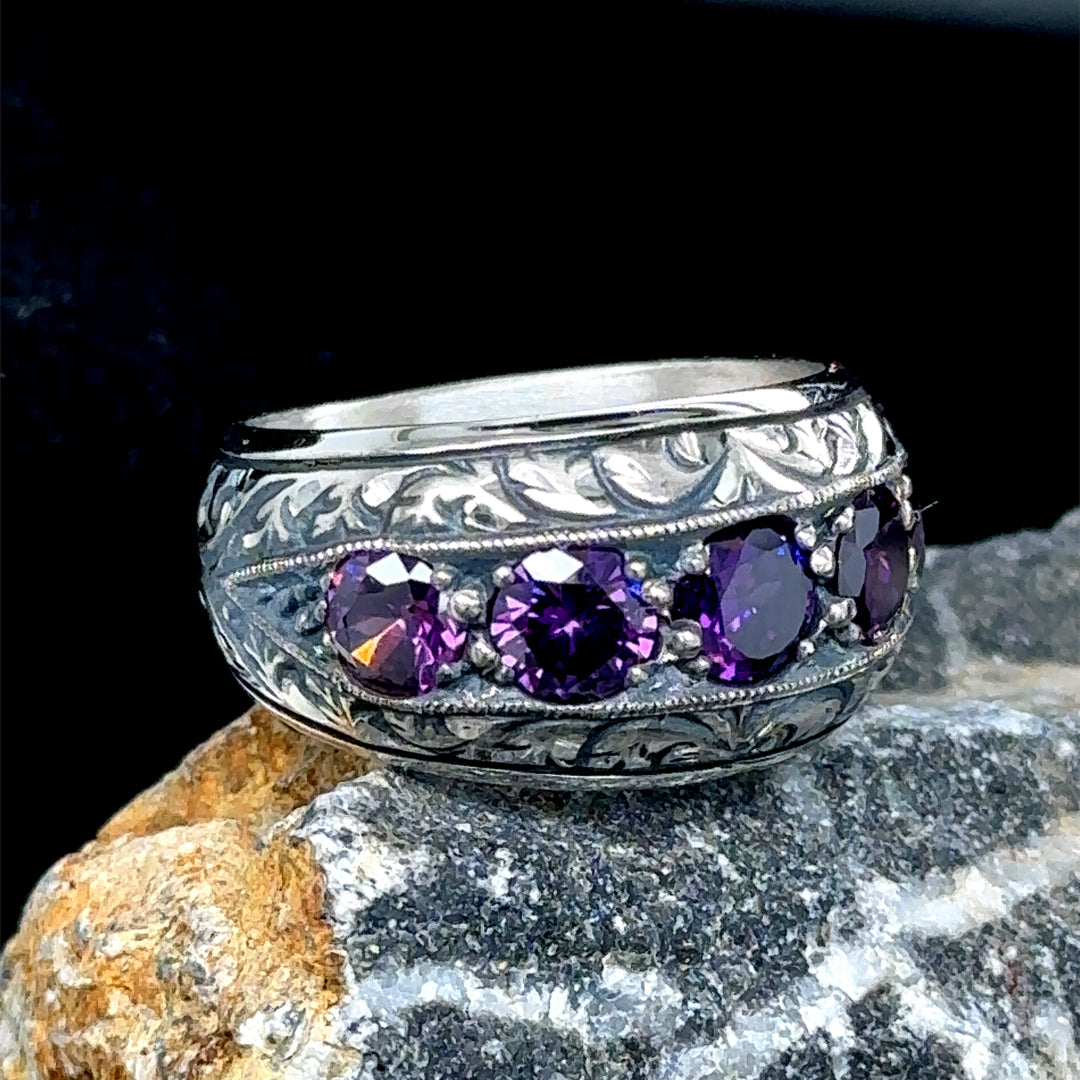 Men Handmade Engraved Natural Amethyst Ring