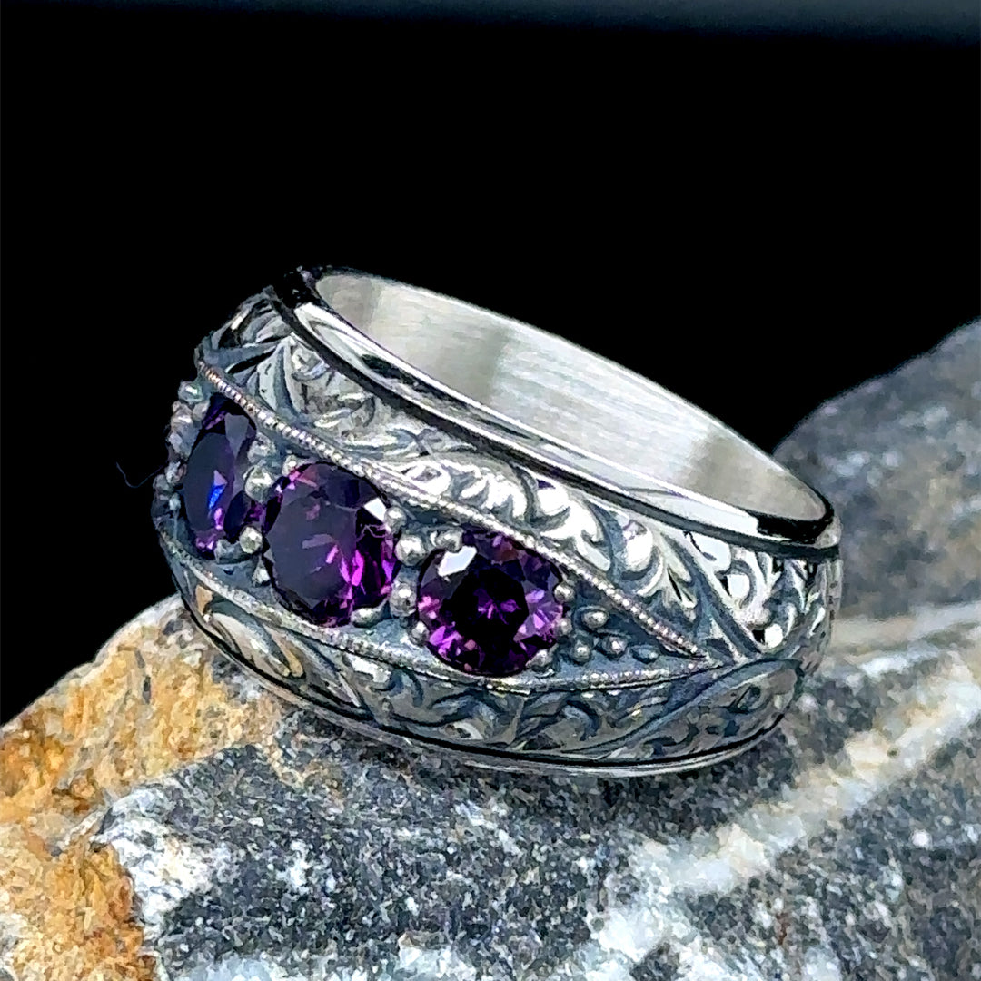 Men Handmade Engraved Natural Amethyst Ring