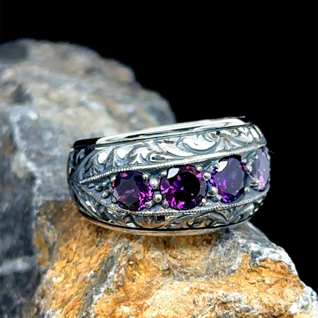 Men Handmade Engraved Natural Amethyst Ring