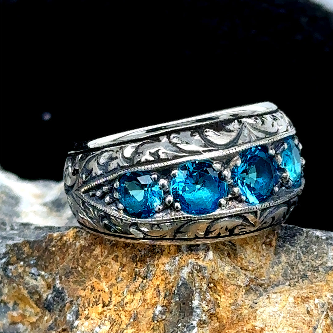 Men Silver Handmade Aquamarine Band Engraved Ring