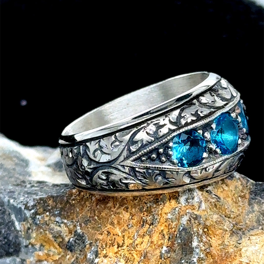 Men Silver Handmade Aquamarine Band Engraved Ring