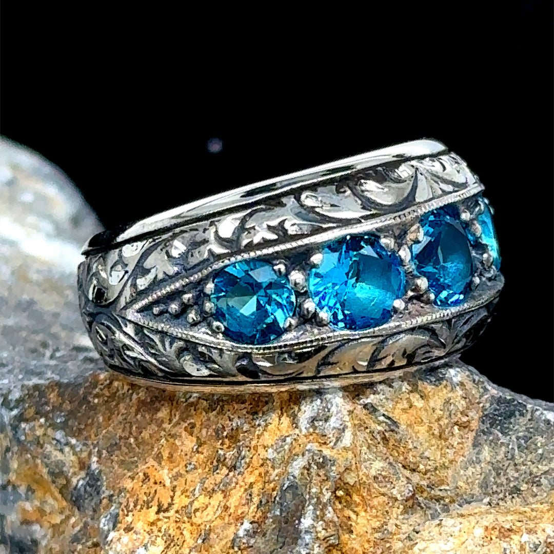 Men Silver Handmade Aquamarine Band Engraved Ring