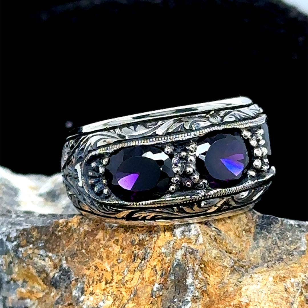 Men Handmade Engraved Amethyst Gemstone Wedding Band Ring