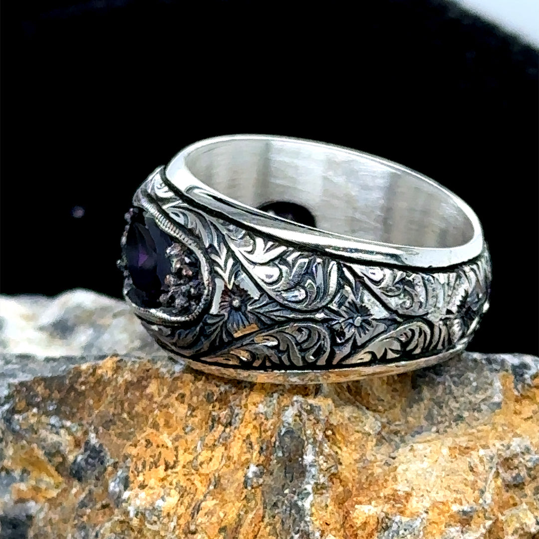 Men Handmade Engraved Amethyst Gemstone Wedding Band Ring