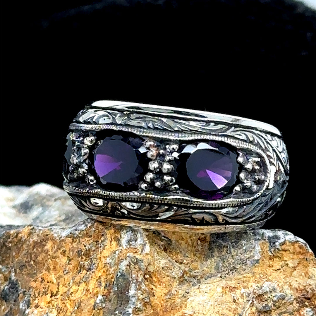 Men Handmade Engraved Amethyst Gemstone Wedding Band Ring