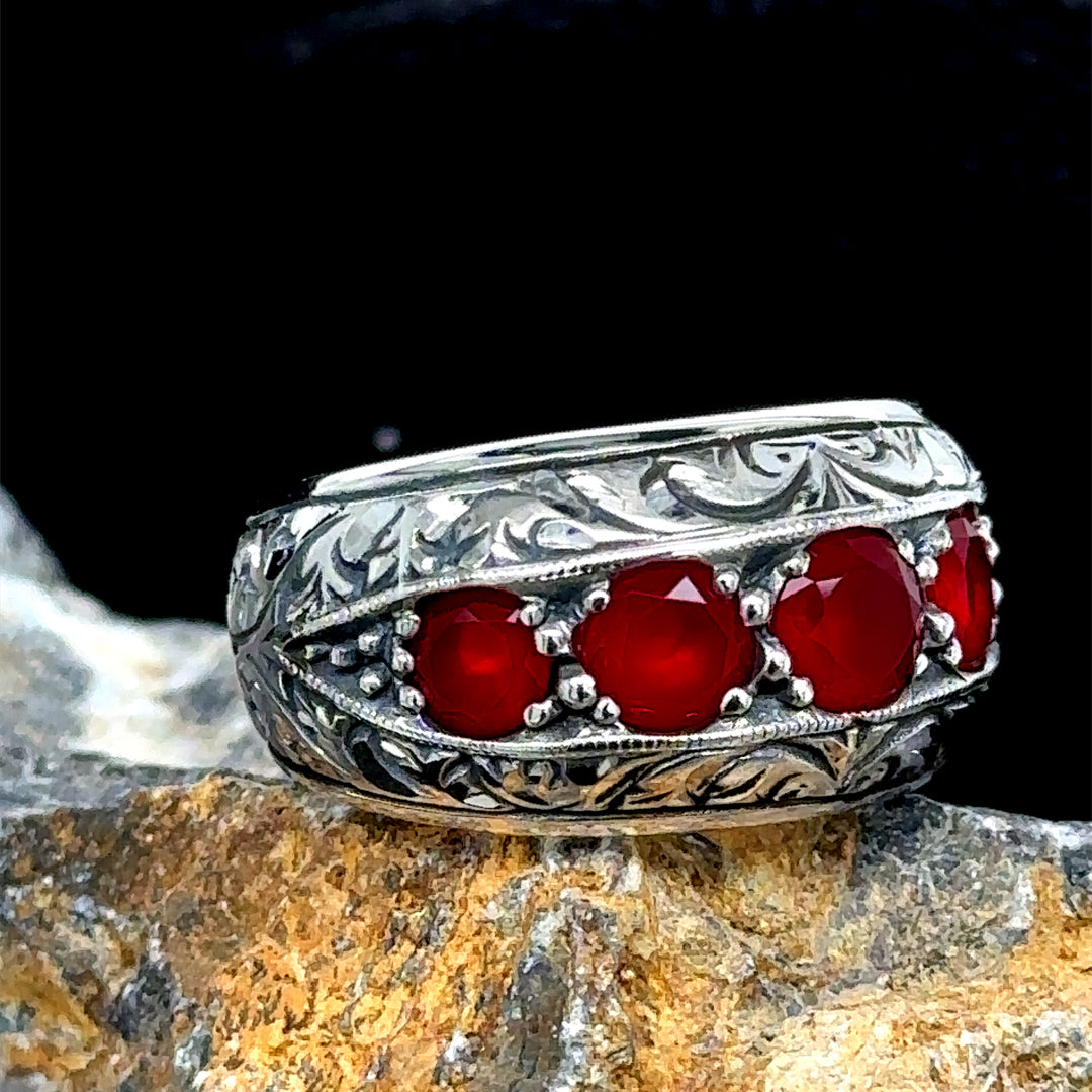 Men Handmade Engraved Ruby Stone Band Wedding Ring