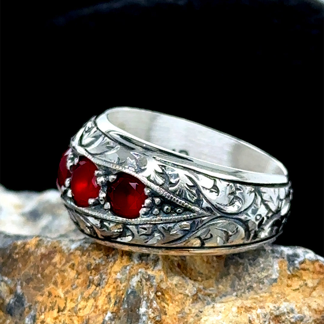 Men Handmade Engraved Ruby Stone Band Wedding Ring