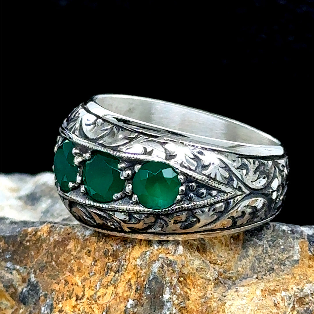 Men Handmade Green Emerald Gemstone Band Ring