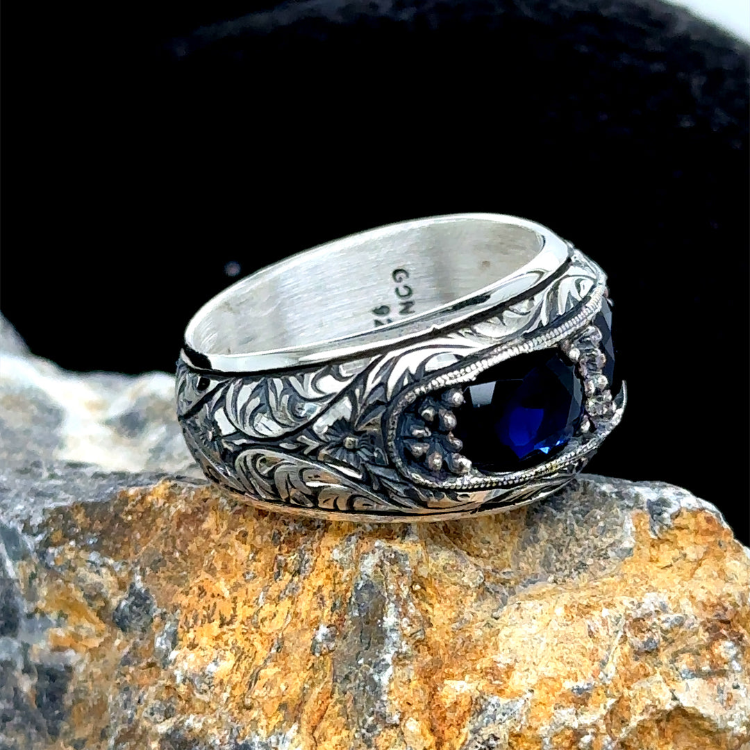 Men Handmade Blue Sapphire Stone Wedding Band Ring