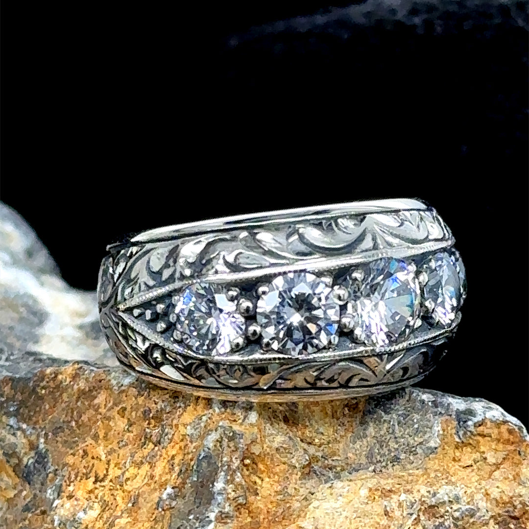 Silver Handmade Moissanite Stone Engraved Men Ring
