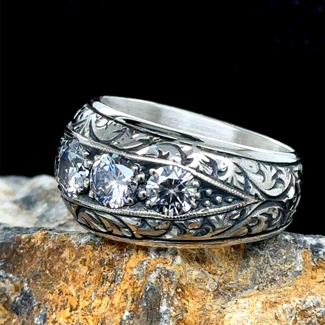 Silver Handmade Moissanite Stone Engraved Men Ring