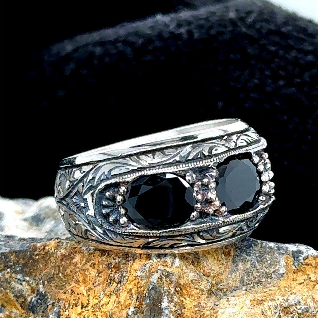 Men Handmade Black  Zircon Gemstone Engraved Band Ring