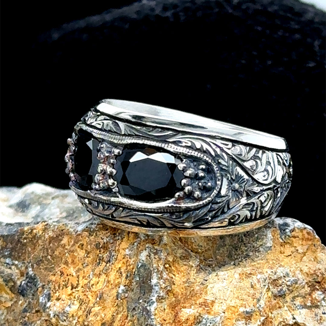 Men Handmade Black  Zircon Gemstone Engraved Band Ring