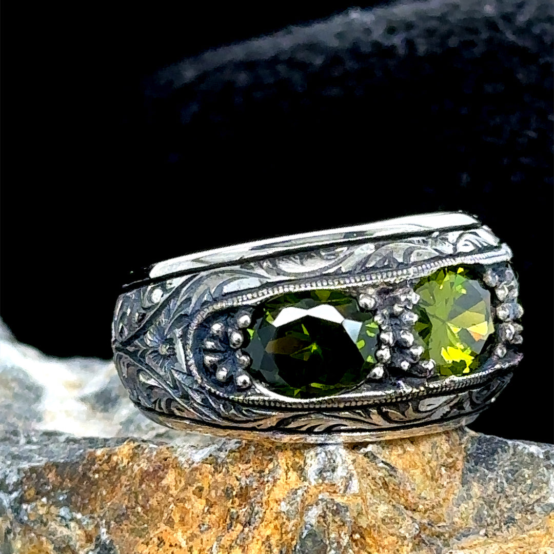 Men Handmade Engraved Olive Green Emerald Gemstone Band Ring