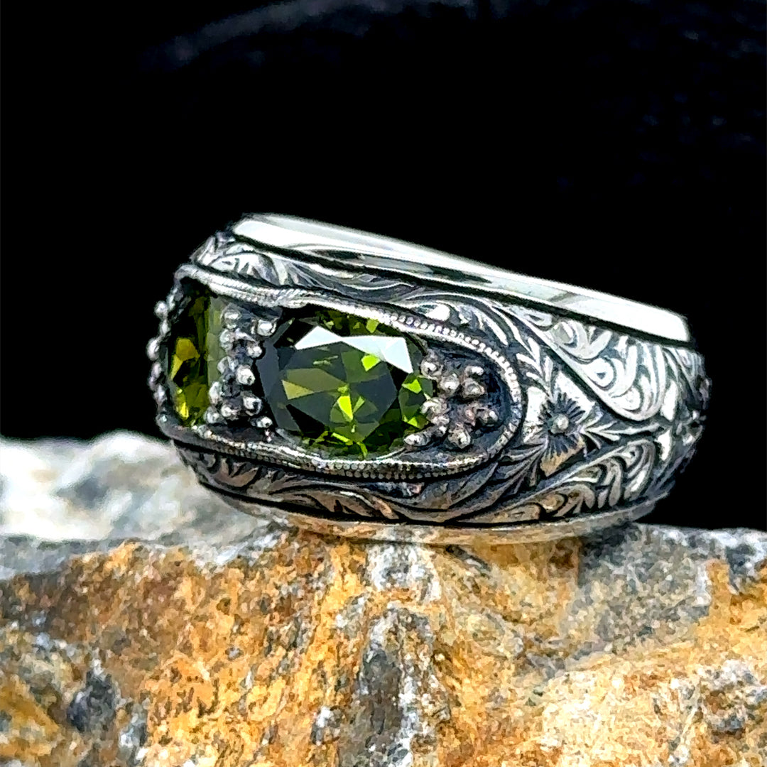 Men Handmade Engraved Olive Green Emerald Gemstone Band Ring