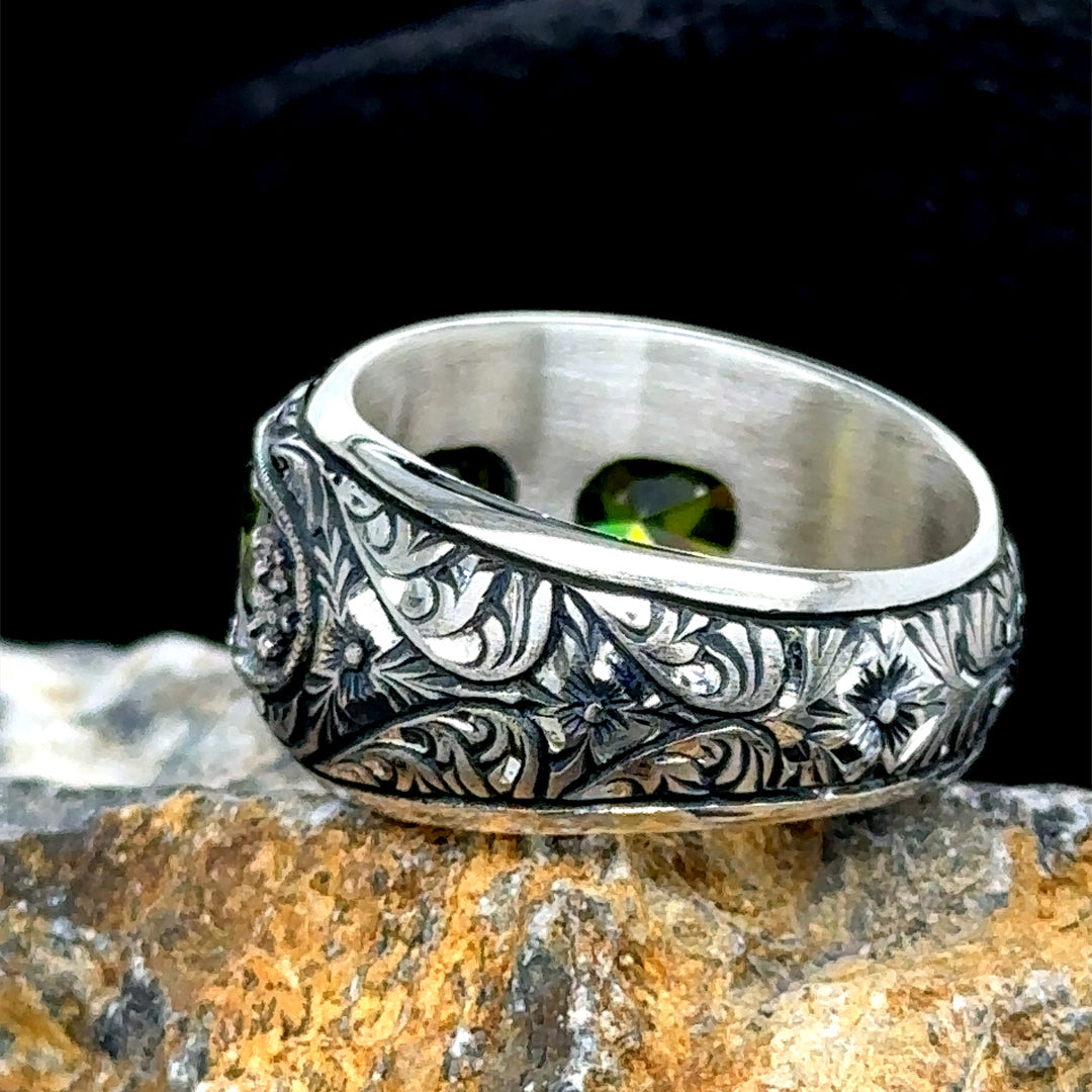 Men Handmade Engraved Olive Green Emerald Gemstone Band Ring