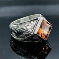 Men Silver Square Citrine Gemstone Engraved Ring