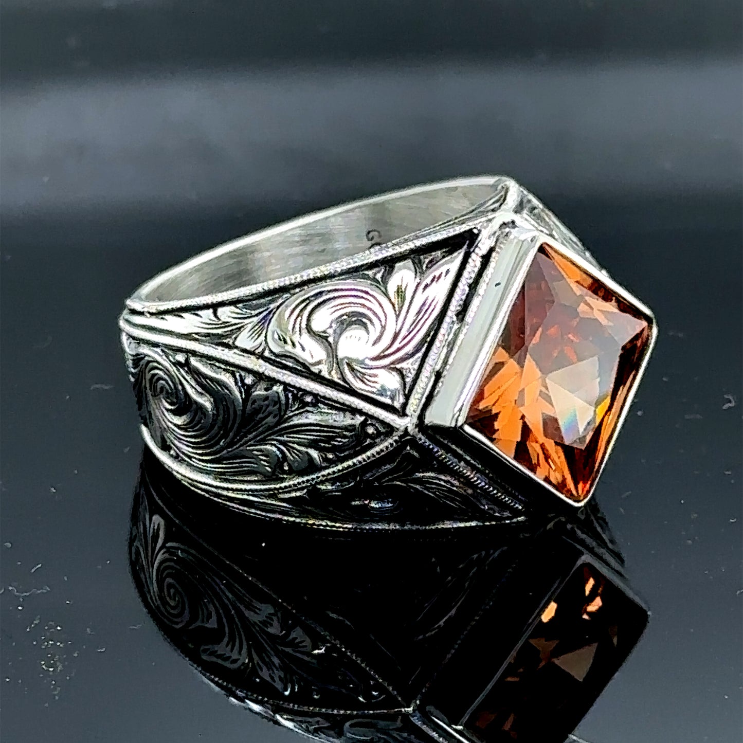 Men Silver Square Citrine Gemstone Engraved Ring