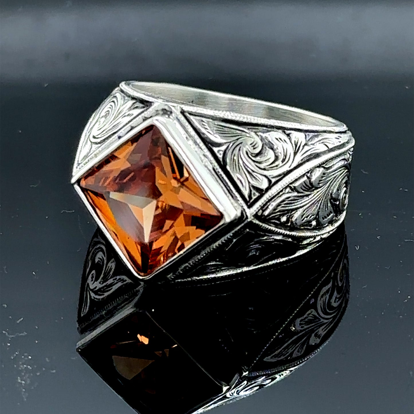 Men Silver Square Citrine Gemstone Engraved Ring