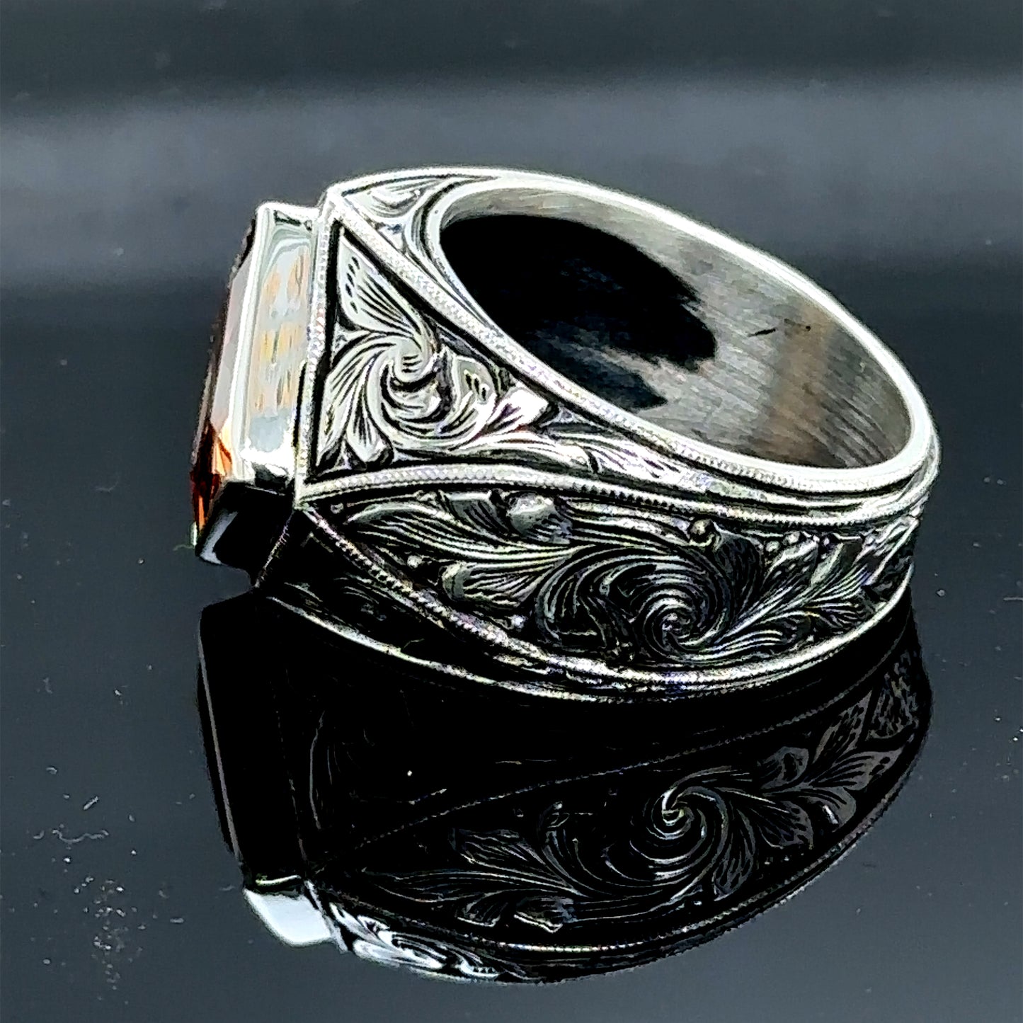 Men Silver Square Citrine Gemstone Engraved Ring