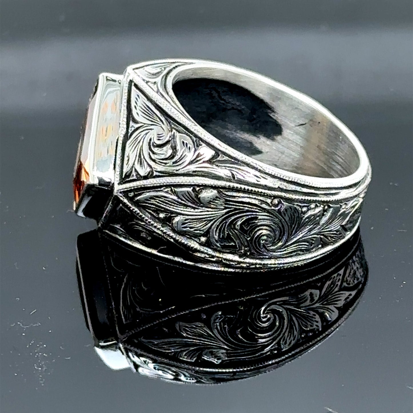 Men Silver Square Citrine Gemstone Engraved Ring