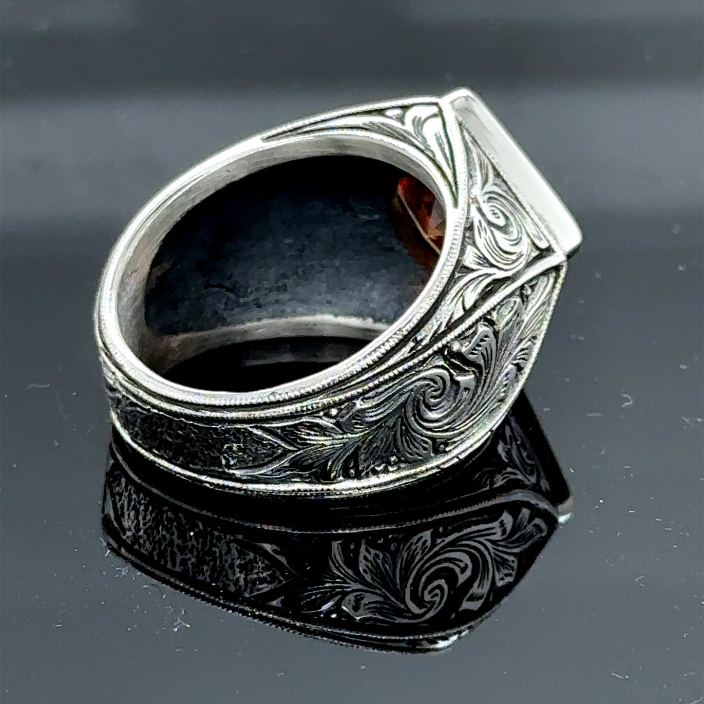 Men Silver Square Citrine Gemstone Engraved Ring