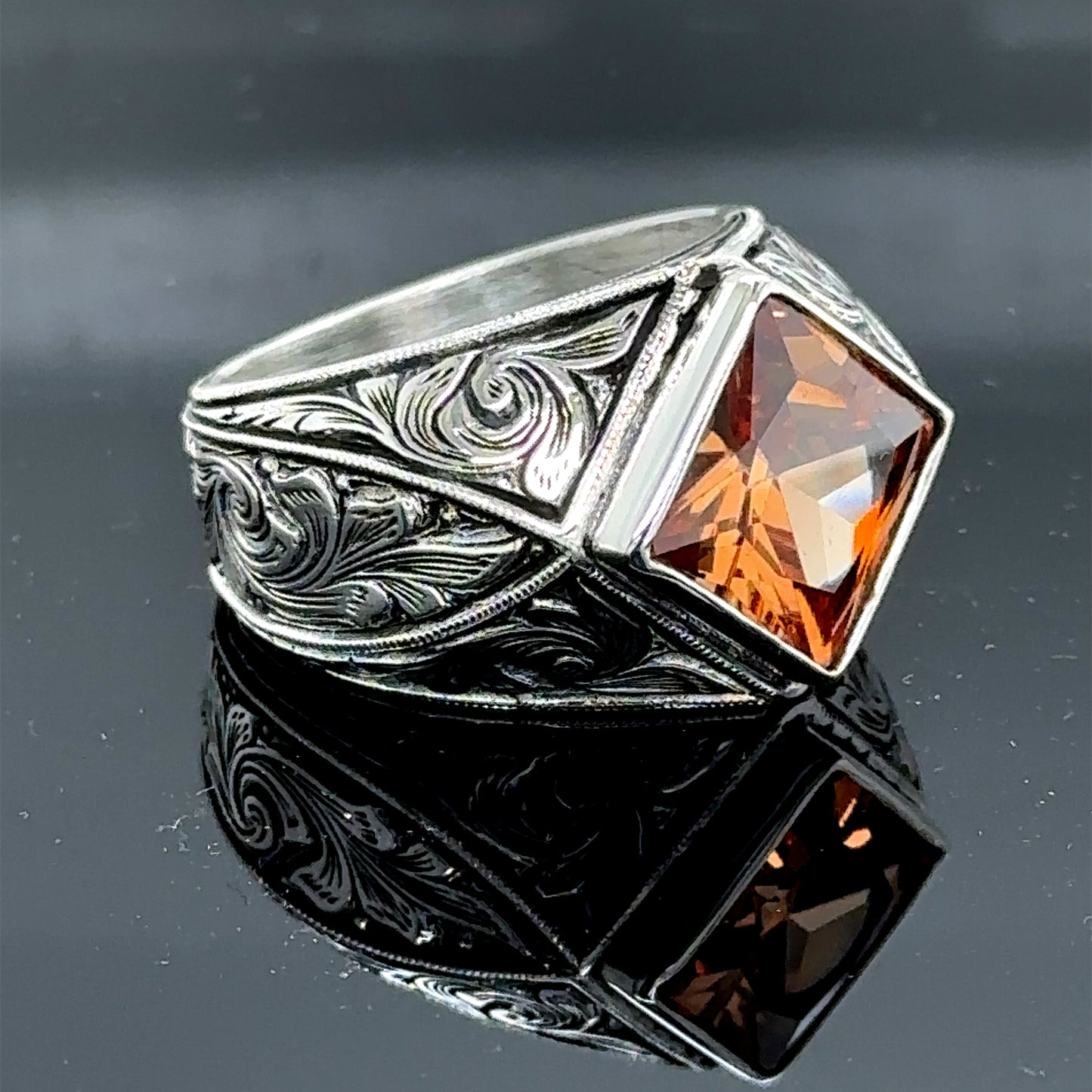 Men Silver Square Citrine Gemstone Engraved Ring