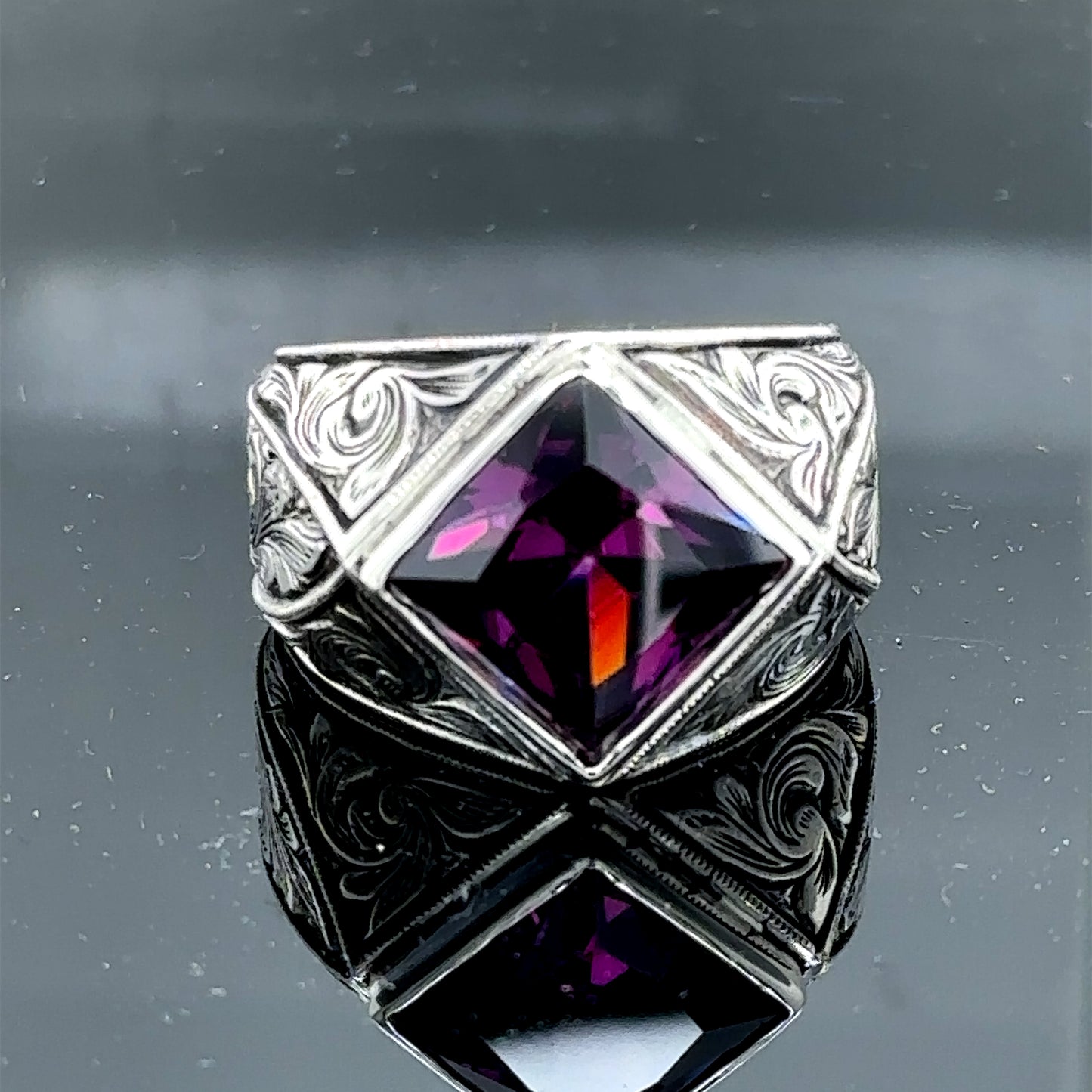 Silver Square Cut Amethyst Engraved Vintage Engagement Ring